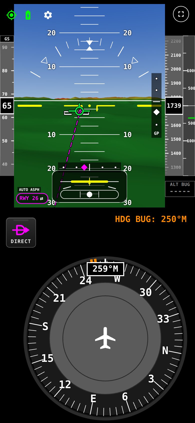 Runway approach path on final for runway 26 at Birrfeld: the extended centreline, the flight path marker, and the sideways and glide path scales
