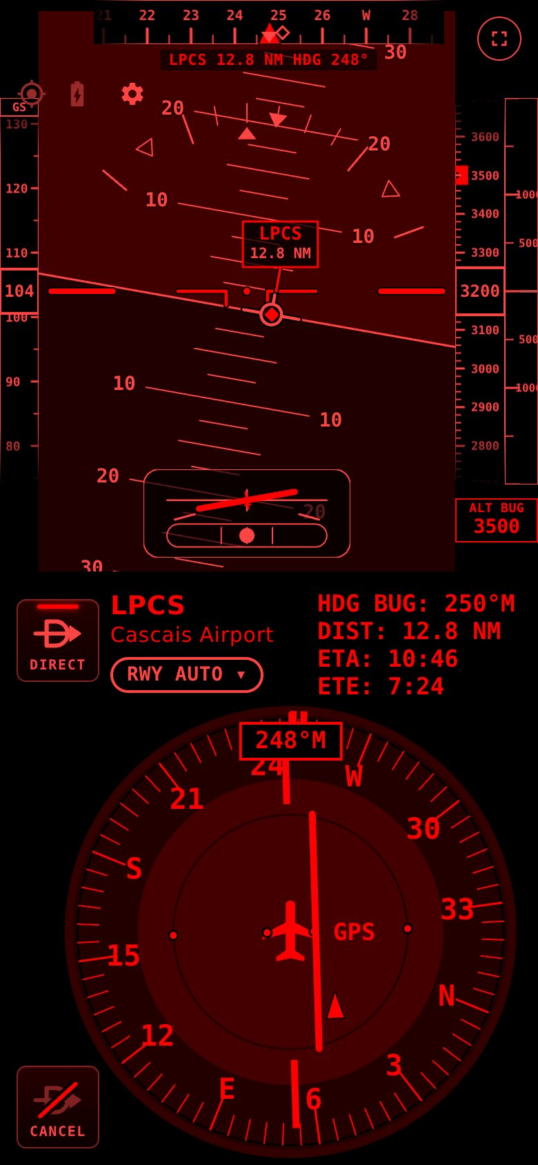 Night mode: all instruments in red on black
