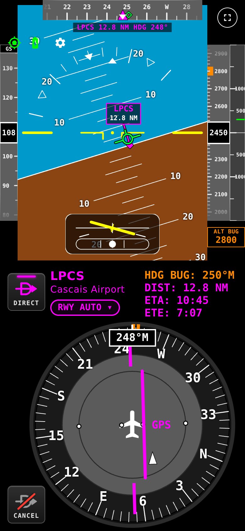 WingsLevel on a phone: attitude indicator in a right bank with the turn indicator at standard rate, speed and altitude tapes, and an HSI with a Direct-To course to Cascais airport