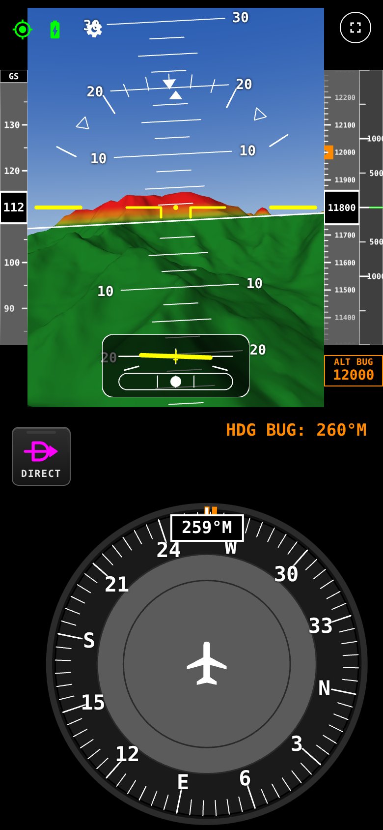 Synthetic vision near Monte Rosa at 11,800 ft: the massif ahead, higher than the aircraft, shown in yellow and red behind the attitude indicator